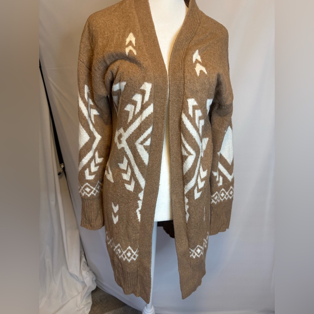 Ruby Moon size small — long cardigan, two tone tan, Aztec style pattern